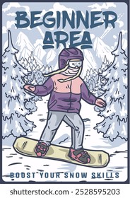 Young woman is snowboarding on a snowy slope in the mountains, enjoying the fresh powder and winter scenery at a beginner area