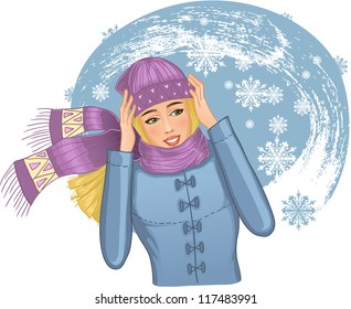 Young woman in snowstorm. Vector illustration of beautiful girl in warm winter clothes who tries to protect herself from snowstorm