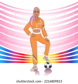 Young woman soccer player with ball. Fashionable tracksuit with print, abstract sports background.