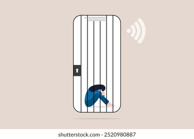 Young woman Social Media Addiction Mobile Phone Prisoner. concept of Health problems, depression, and pressure