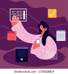 young woman with social media icons vector illustration design