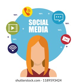 young woman with social media marketing icons