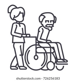 young woman, social worker, strolling with elder man in wheelchair vector line icon, sign, illustration on background, editable strokes