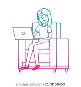 young woman at sofa with laptop