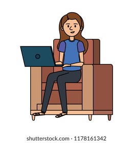 young woman at sofa with laptop