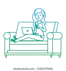 young woman at sofa with laptop and smartphone
