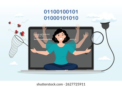 Ingeniero de software de mujer joven que trabaja con computadora portátil en la nube en línea, desarrollo de software, equipo de codificación, marco de programación de interfaz de usuario, algoritmo de depuración, concepto de prueba o implementación