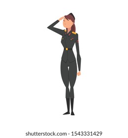 Young Woman Soldier or Officer in Black Uniform Saluting, Professional Military Female Character Vector Illustration