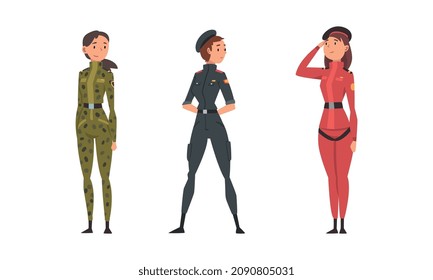 Young Woman Soldier or Officer in Combat Uniform Vector Set