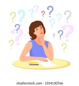 Young woman solves a problem. A girl sits at a table with a sheet of paper and pencils and thinks.Vector illustration on isolated background.