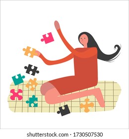 Young Woman Solving Puzzle. Playing Board Game Concept Illustration. Cartoon Character. Vector Illustration.