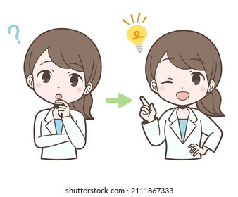 Young woman solving questions in white coat