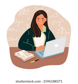 Young woman solving a trigonometric problem. Female student sitting at a table with a laptop and a textbook. Background with geometric formulas. Vector illustration in flat color style.
