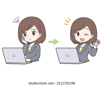 Young woman solving trouble in business suit figure