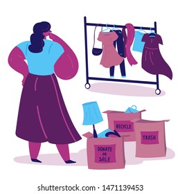 Young woman sorts clothes and things and thinks in what box to put them.Three boxes for sorting with inscriptions -donate,sale,trash.Minimalistic lifestyle concept.Conscious consumption.Illustration.