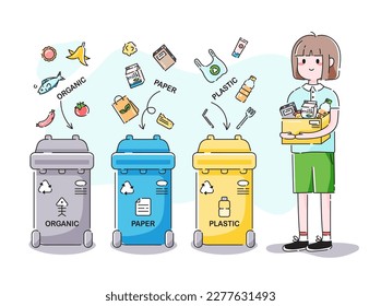 A young woman sorts garbage into different dustbins - organic, plastic and paper trash. Cute cartoon vector illustration in minimal asian modern style on white background.