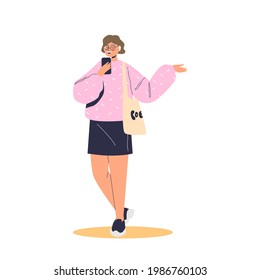 Young woman speak on smartphone using wireless headphones and video call connection. Modern female talk on mobile phone. Cartoon flat vector illustration