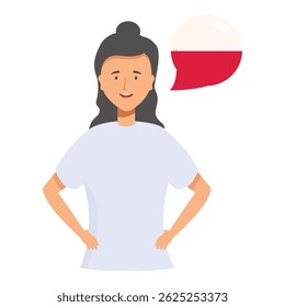 Young woman is speaking polish, represented by a speech bubble with the polish flag