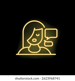 Young woman speaking showing communication neon icon on black background