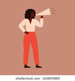 A young woman speaks into a megaphone. A strong girl agitator is calling for something. A female character shouts into a loudspeaker to protest. vector illustration.