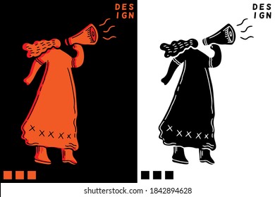 A young woman speaks into a megaphone. A female character shouts into a loudspeaker to protest. vector illustration.