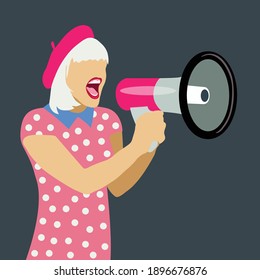 A young woman speaks into a megaphone. stock illustration vector