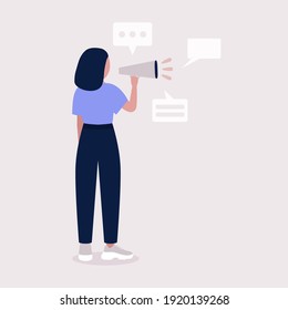 Young woman speaks into a megaphone. Statement, utterance, news concept. Colored vector illustration in flat cartoon style