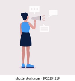 Young woman speaks into a megaphone. Statement, utterance, news concept. Colored vector illustration in flat cartoon style