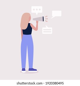 Young woman speaks into a megaphone. Statement, utterance, news concept. Colored vector illustration in flat cartoon style