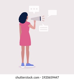 Young woman speaks into a megaphone. Statement, utterance, news concept. Colored vector illustration in flat cartoon style