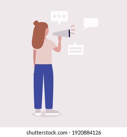 Young woman speaks into a megaphone. Statement, utterance, news concept. Colored vector illustration in flat cartoon style