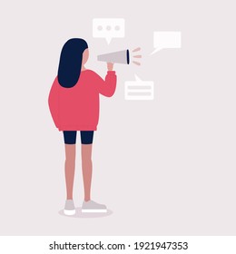 Young woman speaks into a megaphone. Statement, utterance, news concept. Colored vector illustration in flat cartoon style