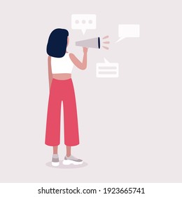 Young woman speaks into a megaphone. Statement, utterance, news concept. Colored vector illustration in flat cartoon style