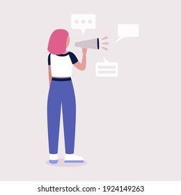 Young woman speaks into a megaphone. Statement, utterance, news concept. Colored vector illustration in flat cartoon style