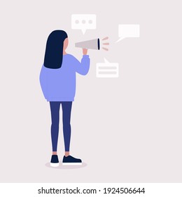 Young woman speaks into a megaphone. Statement, utterance, news concept. Colored vector illustration in flat cartoon style