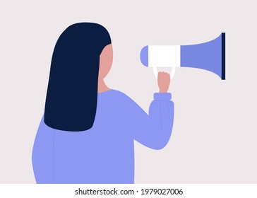 Young woman speaks into a megaphone. Statement, utterance, news concept. Colored vector illustration in flat cartoon style