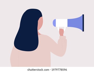 Young woman speaks into a megaphone. Statement, utterance, news concept. Colored vector illustration in flat cartoon style