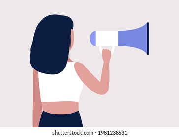 Young woman speaks into a megaphone. Statement, utterance, news concept. Colored vector illustration in flat cartoon style