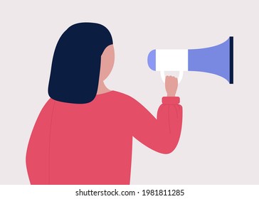 Young woman speaks into a megaphone. Statement, utterance, news concept. Colored vector illustration in flat cartoon style