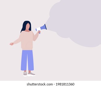 Young woman speaks into a megaphone. Statement, utterance, news concept. Colorful flat vector illustration