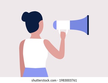 Young woman speaks into a megaphone. Statement, utterance, news concept. Colored vector illustration in flat cartoon style