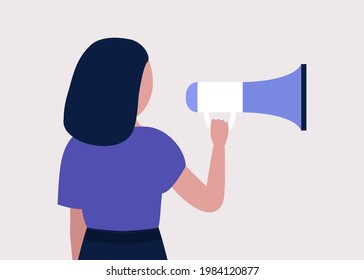 Young woman speaks into a megaphone. Statement, utterance, news concept. Colored vector illustration in flat cartoon style