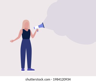 Young woman speaks into a megaphone. Statement, utterance, news concept. Colorful flat vector illustration