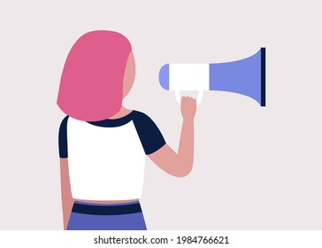 Young woman speaks into a megaphone. Statement, utterance, news concept. Colored vector illustration in flat cartoon style