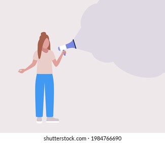 Young woman speaks into a megaphone. Statement, utterance, news concept. Colorful flat vector illustration