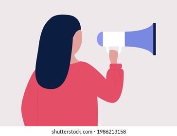 Young woman speaks into a megaphone. Statement, utterance, news concept. Colored vector illustration in flat cartoon style