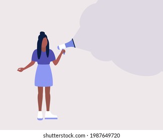 Young woman speaks into a megaphone. Statement, utterance, news concept. Colorful flat vector illustration