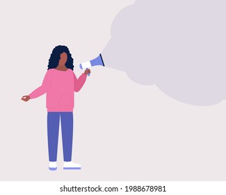 Young woman speaks into a megaphone. Statement, utterance, news concept. Colorful flat vector illustration