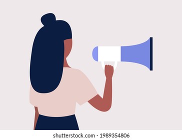 Young woman speaks into a megaphone. Statement, utterance, news concept. Colored vector illustration in flat cartoon style