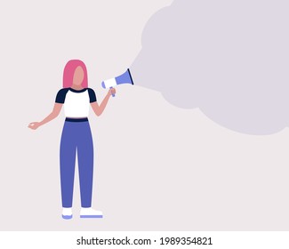 Young woman speaks into a megaphone. Statement, utterance, news concept. Colorful flat vector illustration